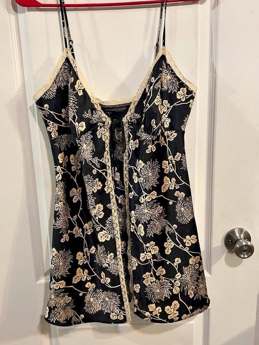 Victoria's Secret Black and Gold Floral Lace-Trim Tie-Front Chemise Black & Gold